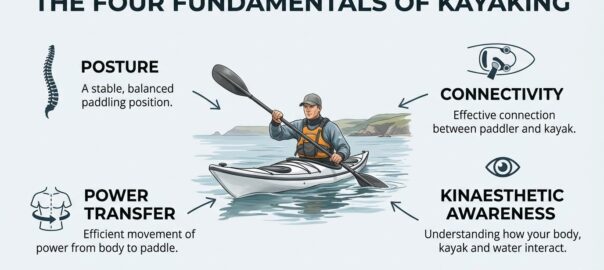 Infographic showing the four fundamentals of sea kayaking: posture, connectivity, power transfer and kinaesthetic awareness.