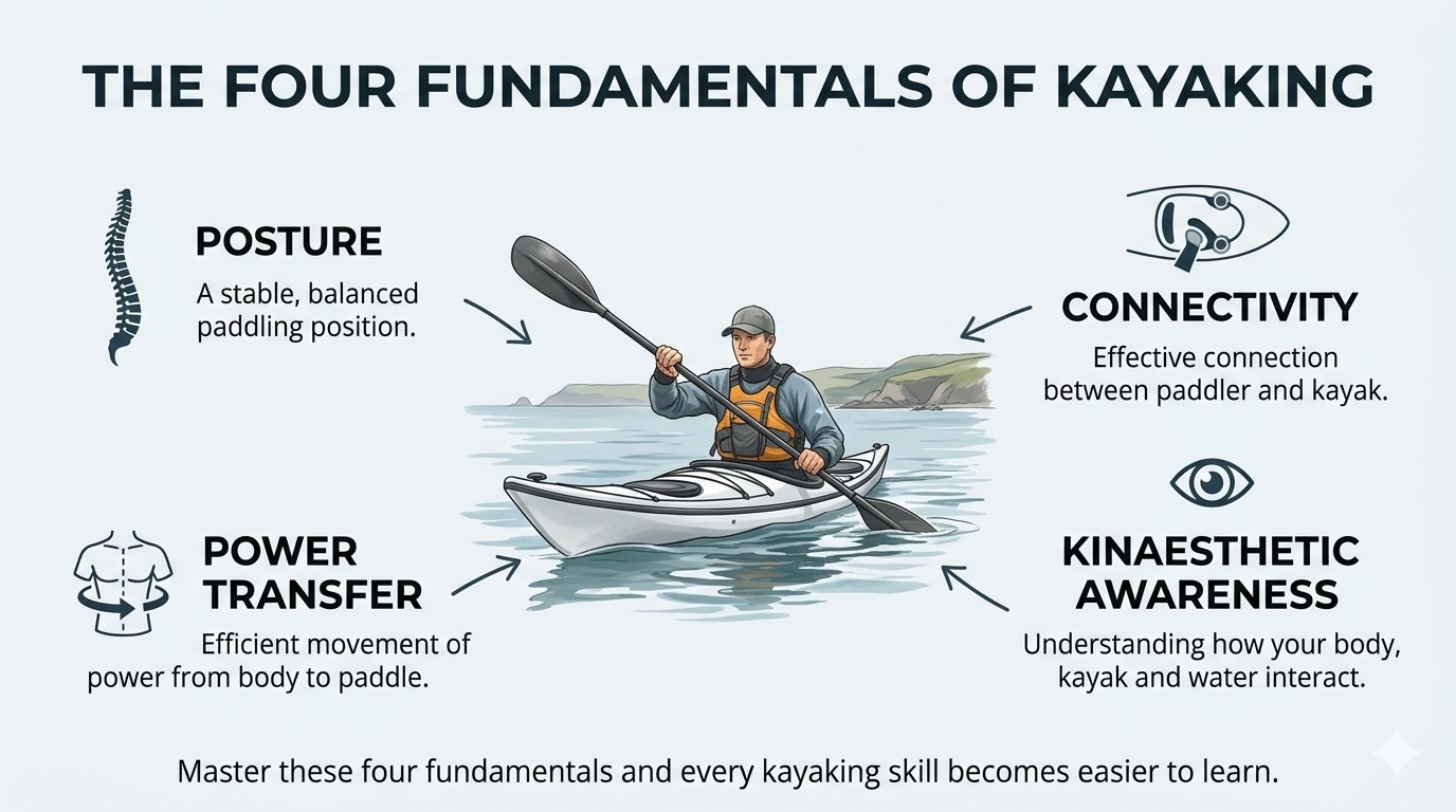 Infographic showing the four fundamentals of sea kayaking: posture, connectivity, power transfer and kinaesthetic awareness.
