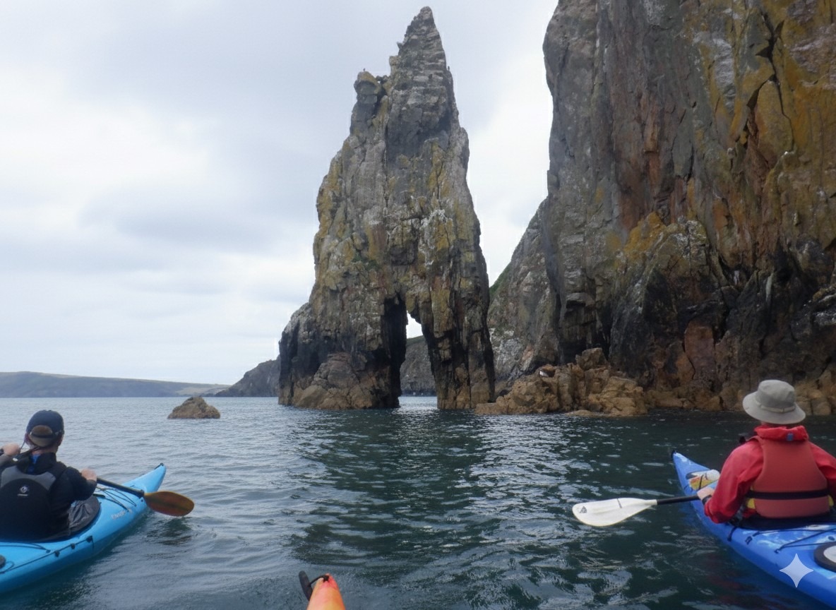 Sea kayaking at Needle Rock in Fishguard Bay