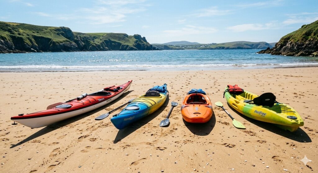 Different types of kayaks including sea kayaks and sit on top kayaks