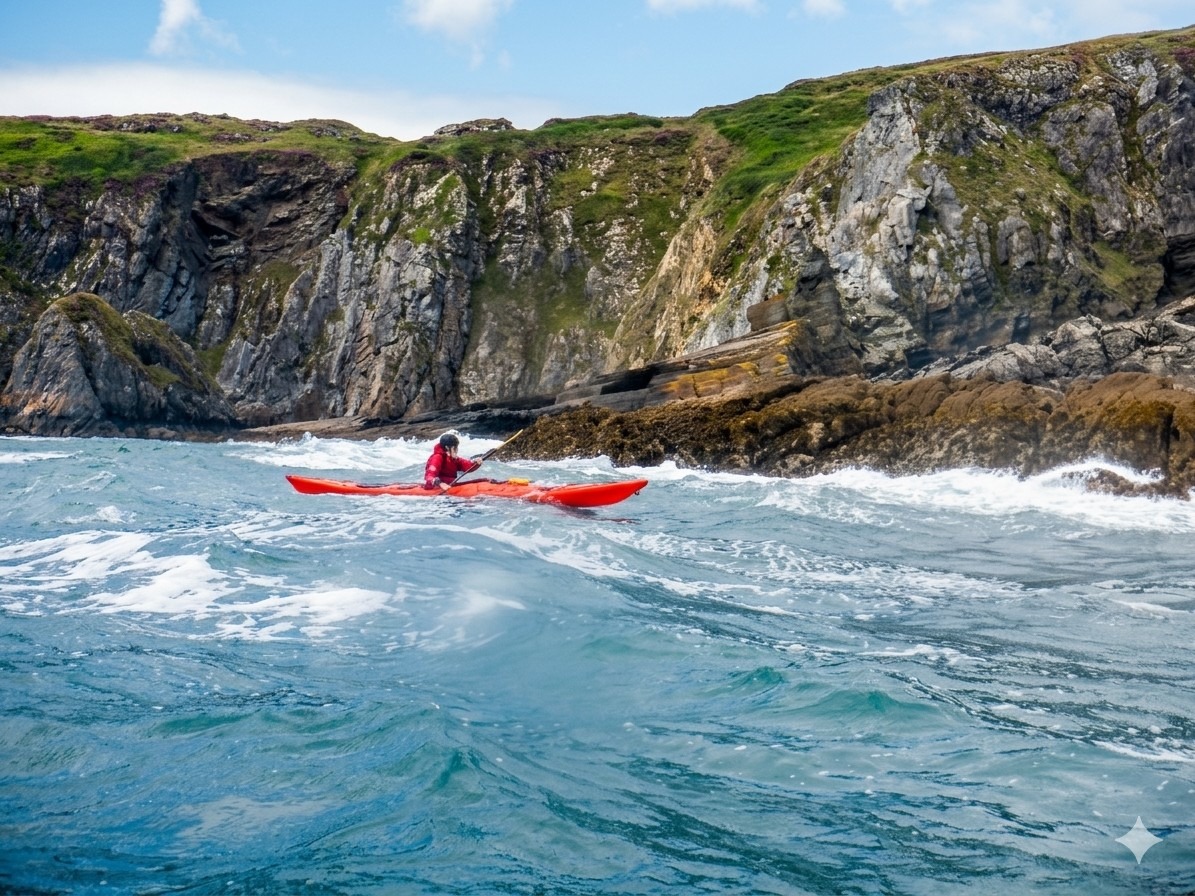 Sea kayak paddler on the Pembrokeshire coast in West Wales